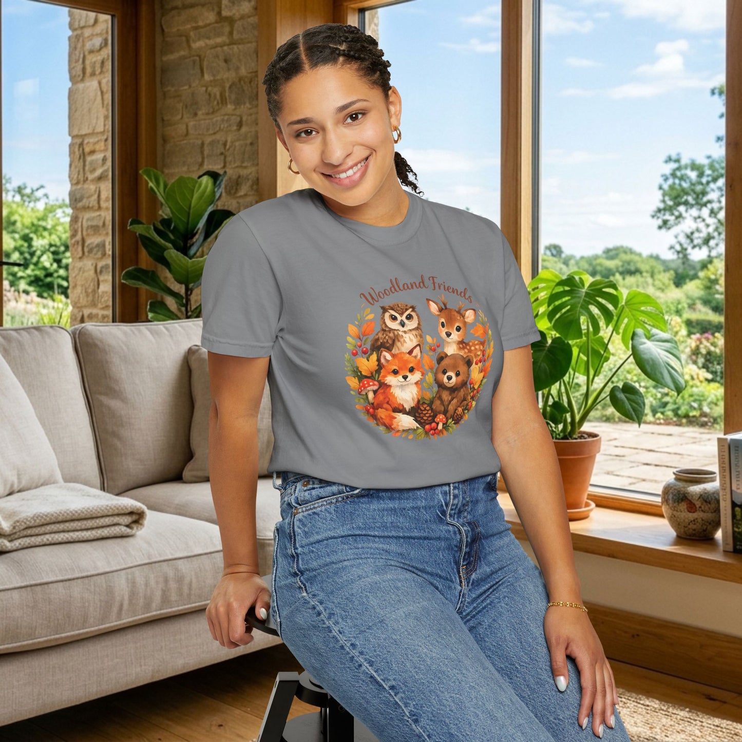 Woodland Friends Badge Watercolor Tee | Fox Bear Deer Owl Shirt | Nature Lover Gift