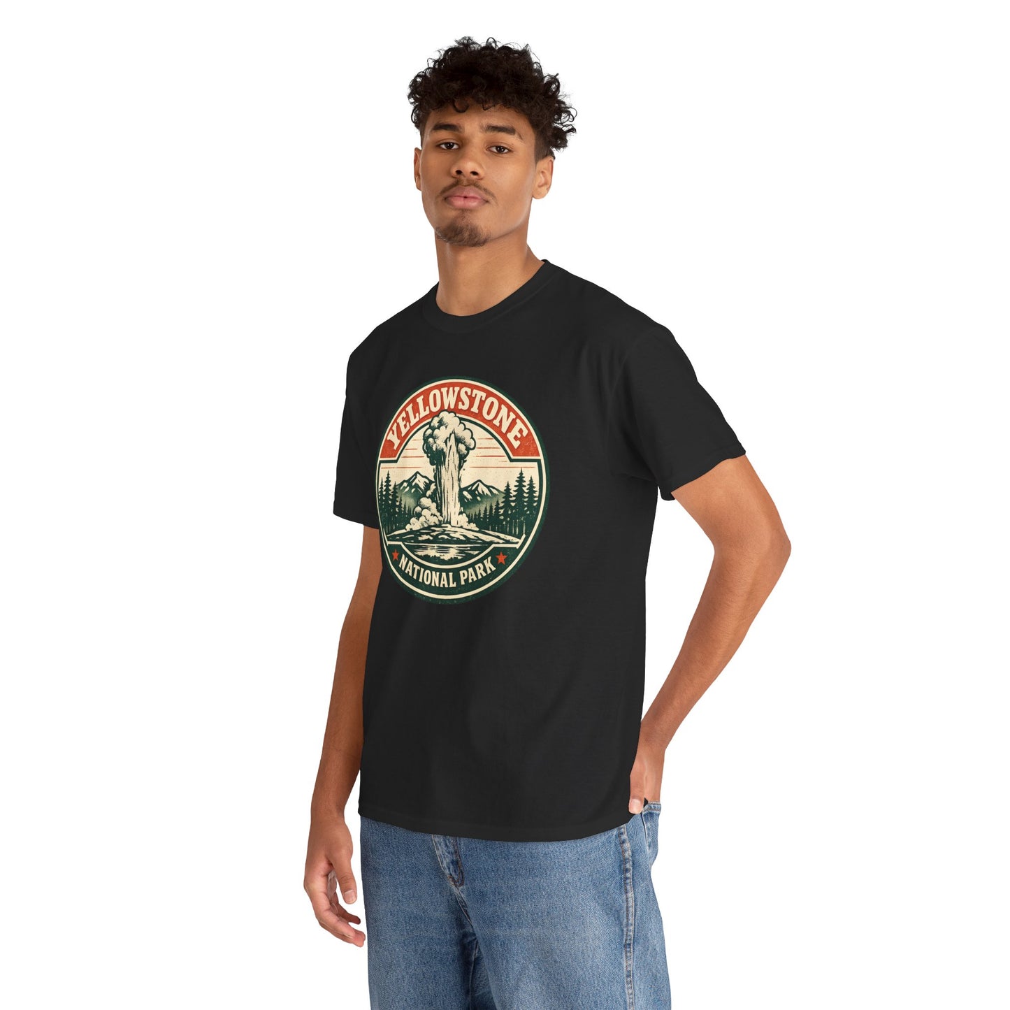 Yellowstone Park Badge Tee | Old Faithful Mountain Pine Trees Retro Circle Design
