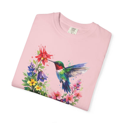 Hummingbird Wildflower Watercolor Tee | Jewel Tone Nature Shirt | Bird Watcher Gift