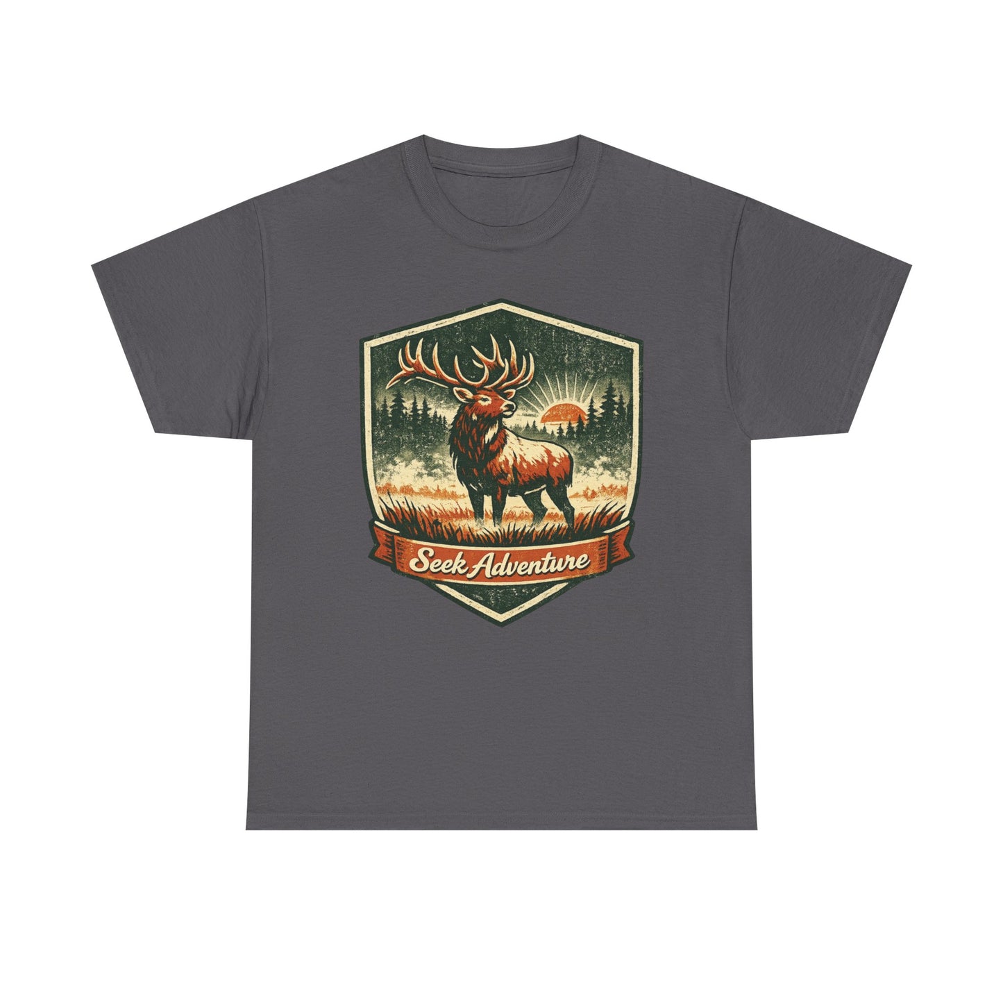 Elk At Dawn Vintage Badge Tee | Seek Adventure Graphic Shirt | Outdoor Nature Gift
