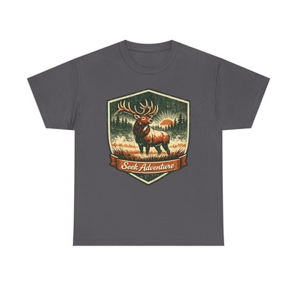 Elk At Dawn Vintage Badge Tee | Seek Adventure Graphic Shirt | Outdoor Nature Gift