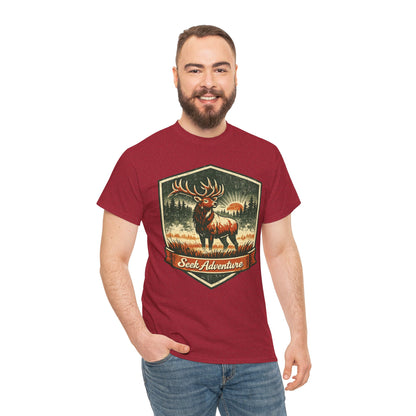 Elk At Dawn Vintage Badge Tee | Seek Adventure Graphic Shirt | Outdoor Nature Gift
