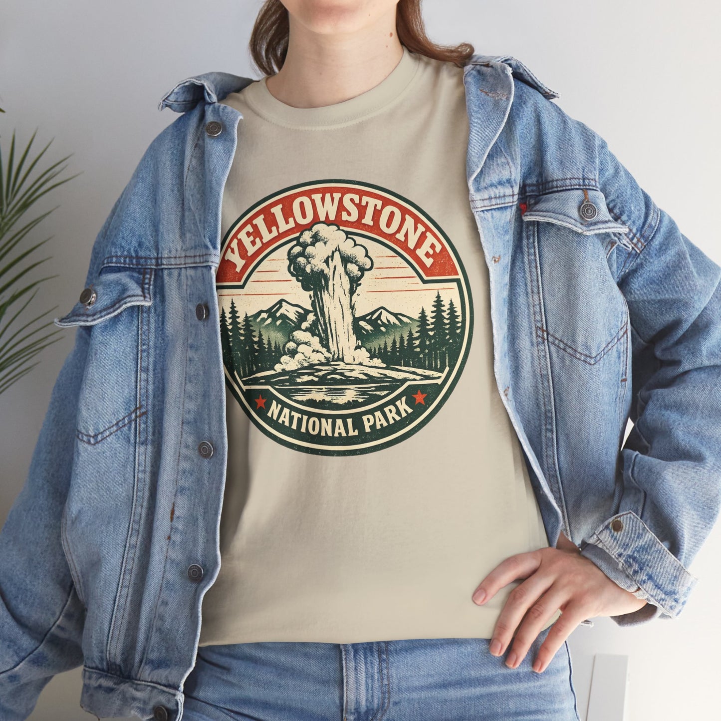 Yellowstone Park Badge Tee | Old Faithful Mountain Pine Trees Retro Circle Design