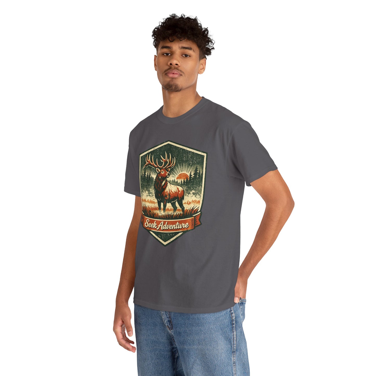 Elk At Dawn Vintage Badge Tee | Seek Adventure Graphic Shirt | Outdoor Nature Gift