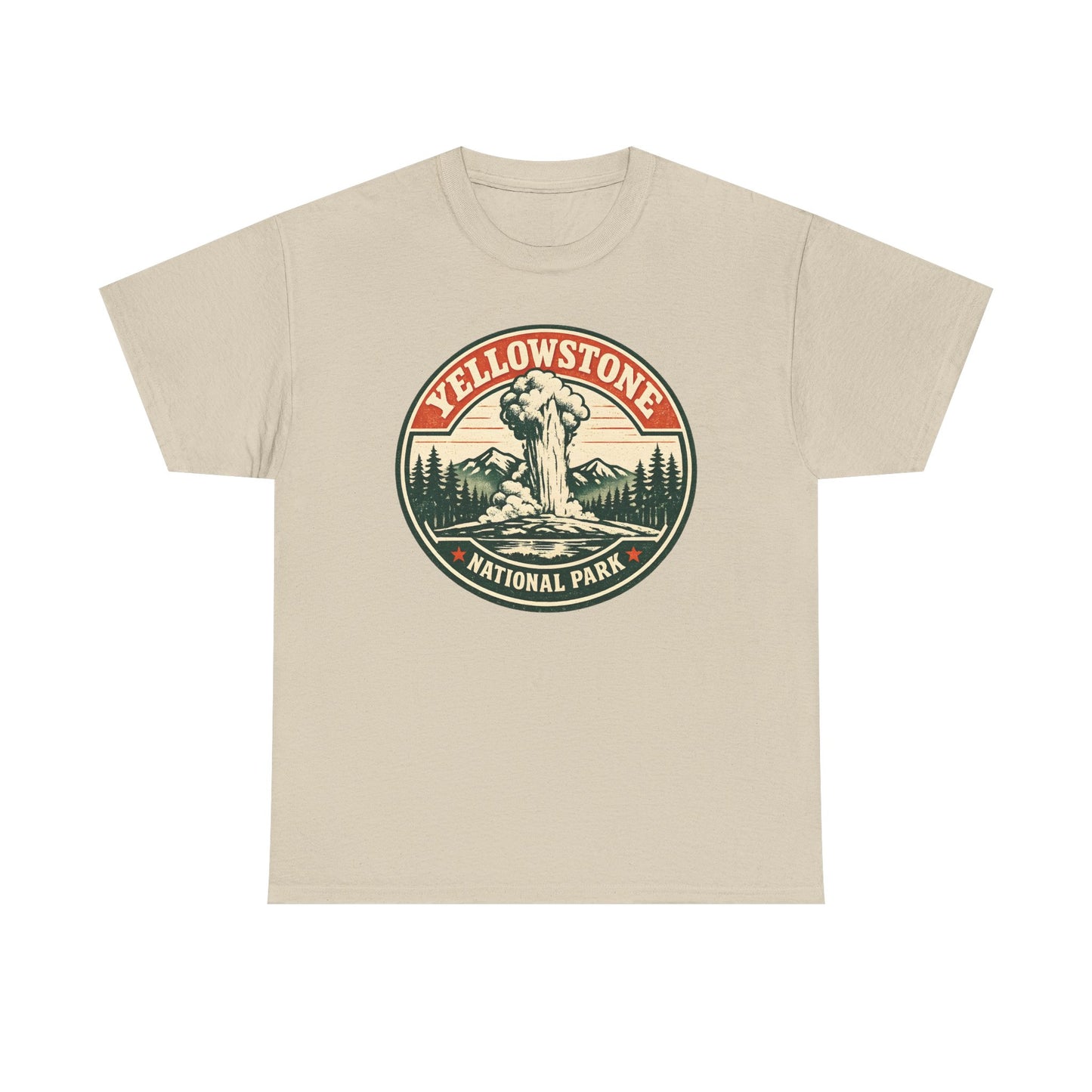 Yellowstone Park Badge Tee | Old Faithful Mountain Pine Trees Retro Circle Design