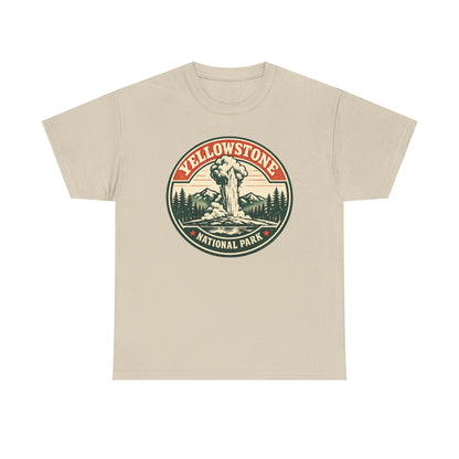 Yellowstone Park Badge Tee | Old Faithful Mountain Pine Trees Retro Circle Design