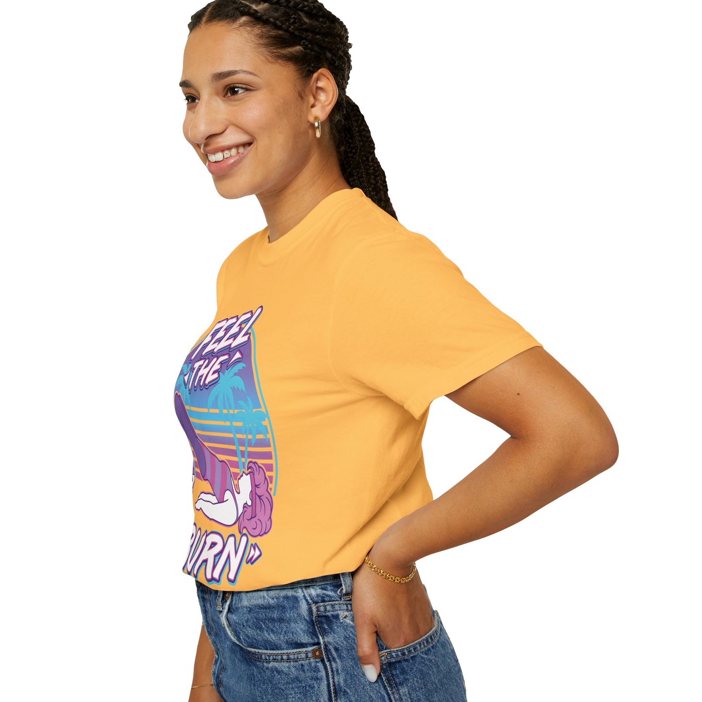 Feel the Burn Retro 80s Glute Thrust Pose Graphic Tee | Vintage Workout Shirt