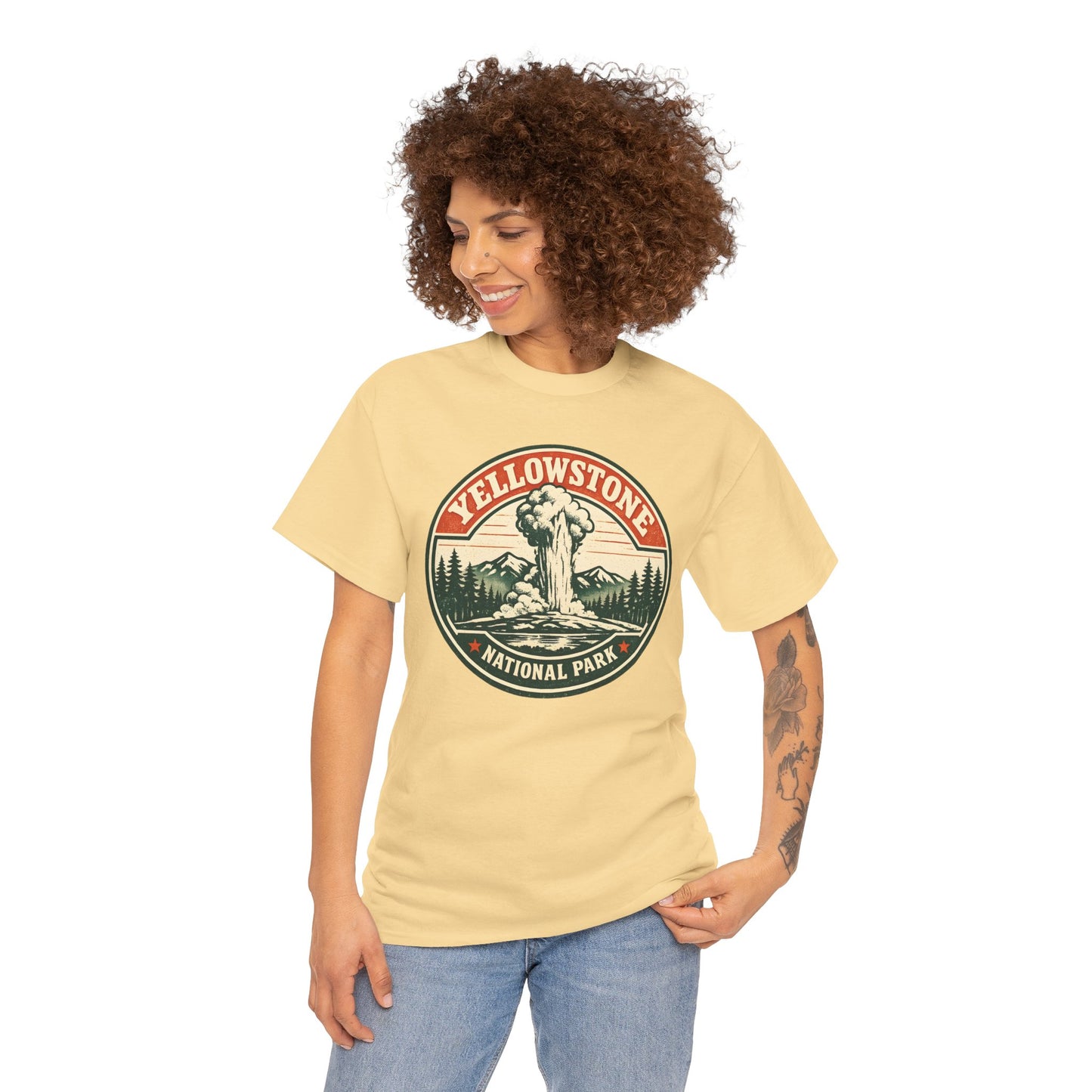 Yellowstone Park Badge Tee | Old Faithful Mountain Pine Trees Retro Circle Design