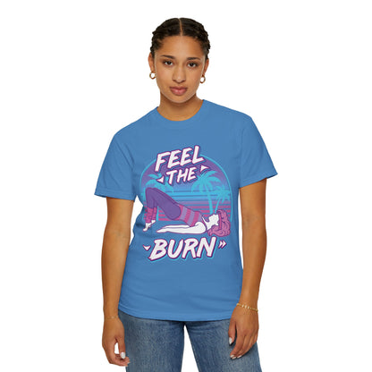 Feel the Burn Retro 80s Glute Thrust Pose Graphic Tee | Vintage Workout Shirt