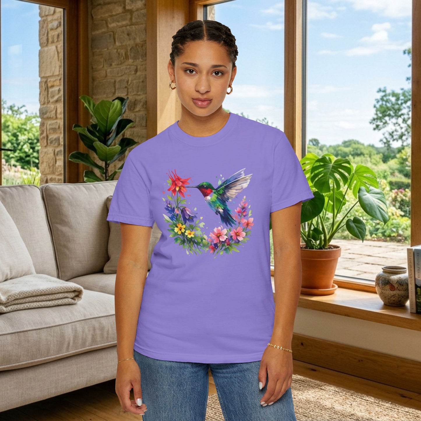 Hummingbird Wildflower Watercolor Tee | Jewel Tone Nature Shirt | Bird Watcher Gift