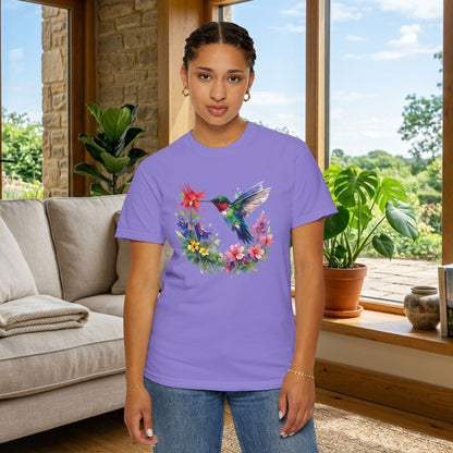 Hummingbird Wildflower Watercolor Tee | Jewel Tone Nature Shirt | Bird Watcher Gift