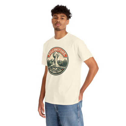 Yellowstone Park Badge Tee | Old Faithful Mountain Pine Trees Retro Circle Design