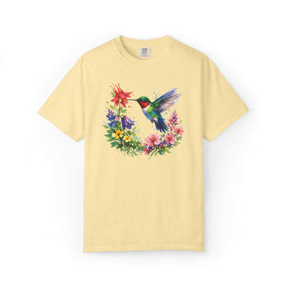 Hummingbird Wildflower Watercolor Tee | Jewel Tone Nature Shirt | Bird Watcher Gift