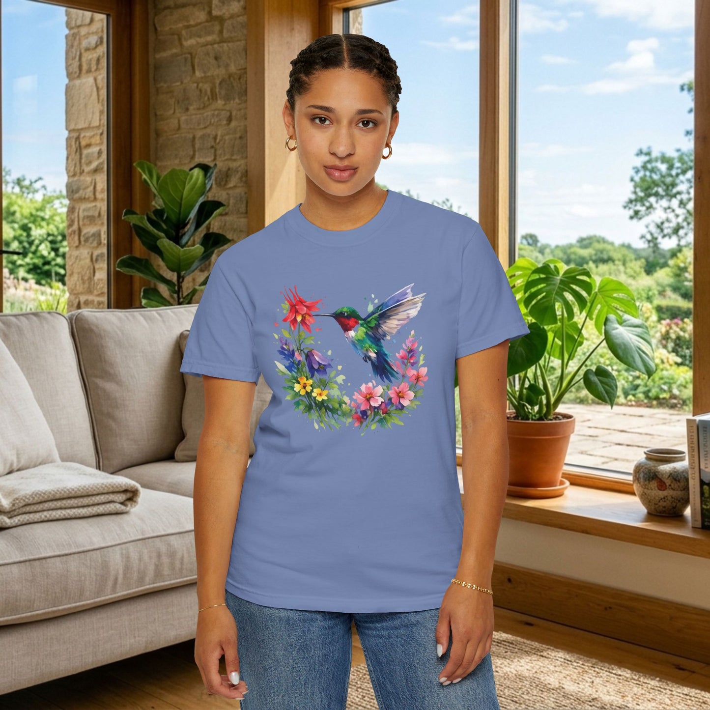 Hummingbird Wildflower Watercolor Tee | Jewel Tone Nature Shirt | Bird Watcher Gift