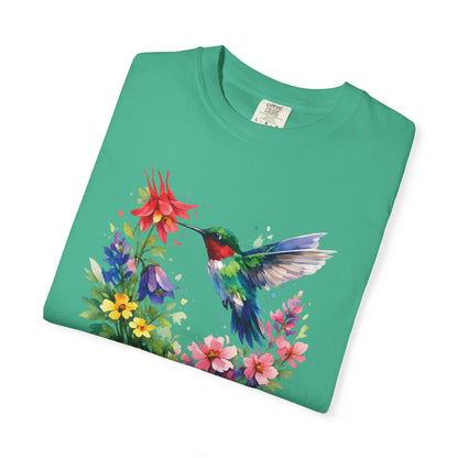 Hummingbird Wildflower Watercolor Tee | Jewel Tone Nature Shirt | Bird Watcher Gift