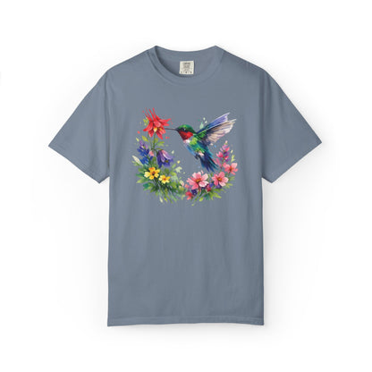 Hummingbird Wildflower Watercolor Tee | Jewel Tone Nature Shirt | Bird Watcher Gift