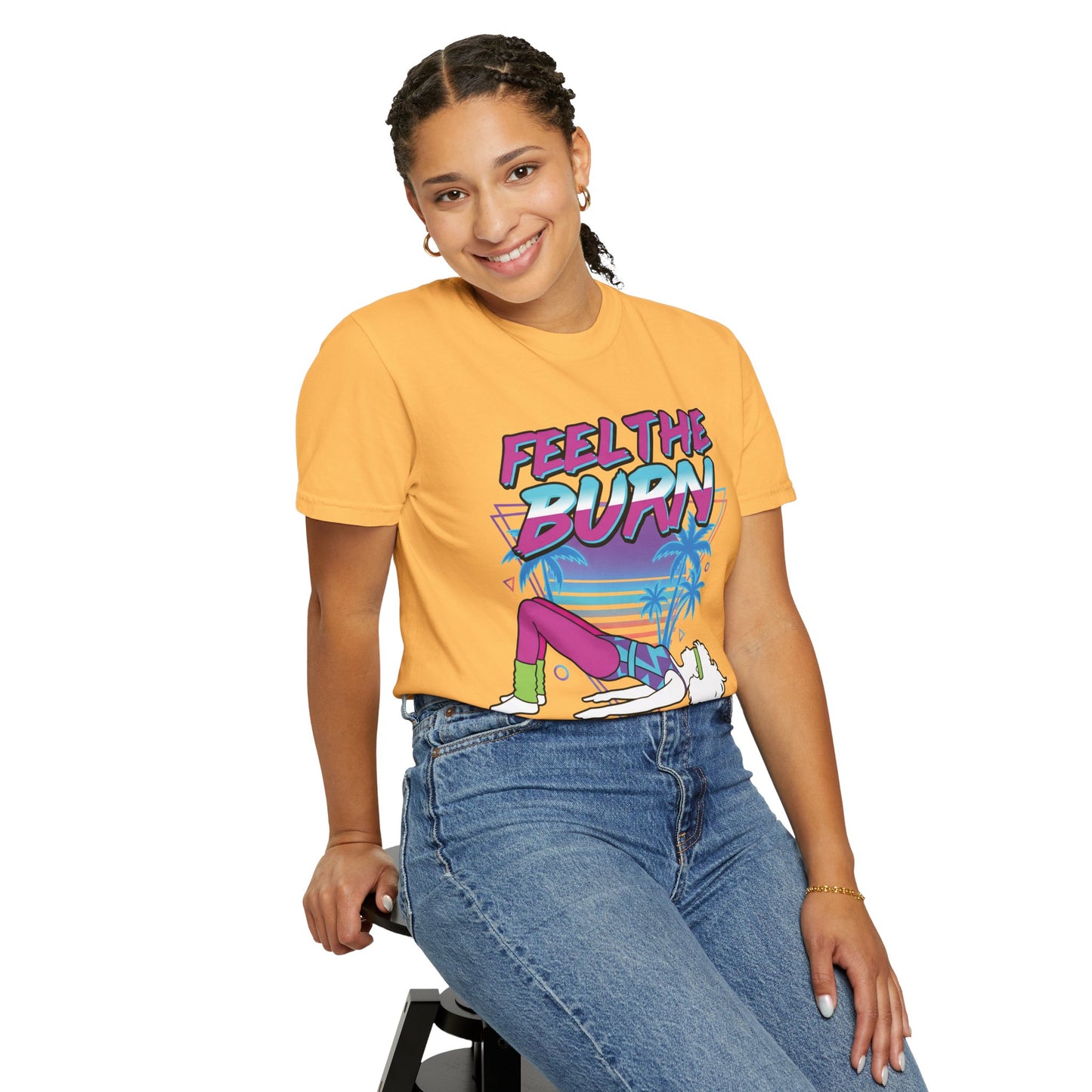 Feel the Burn Neon 80s Aerobics Graphic Tee | Retro Workout Shirt Women