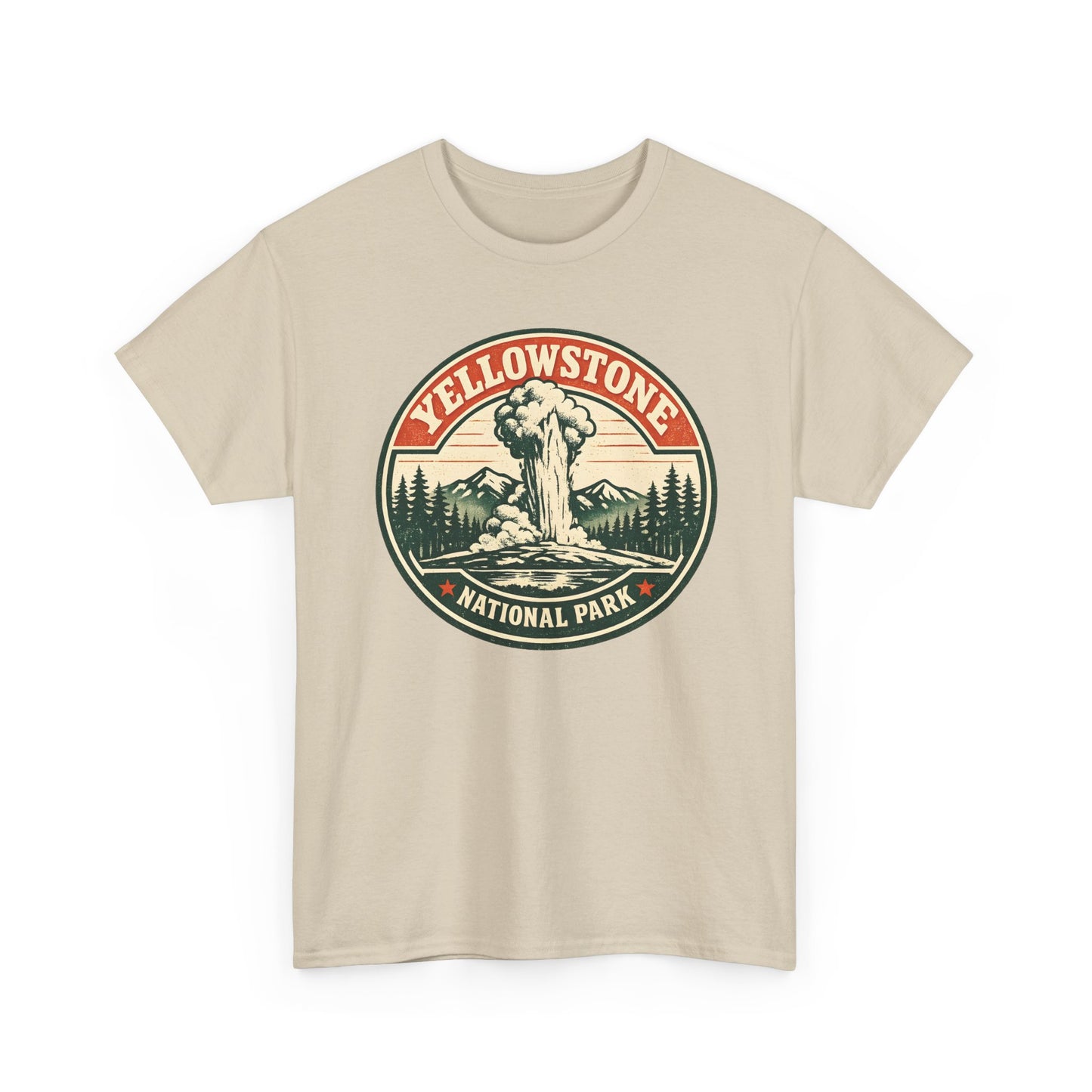 Yellowstone Park Badge Tee | Old Faithful Mountain Pine Trees Retro Circle Design