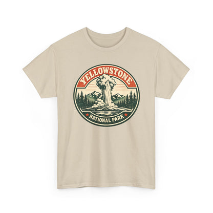 Yellowstone Park Badge Tee | Old Faithful Mountain Pine Trees Retro Circle Design