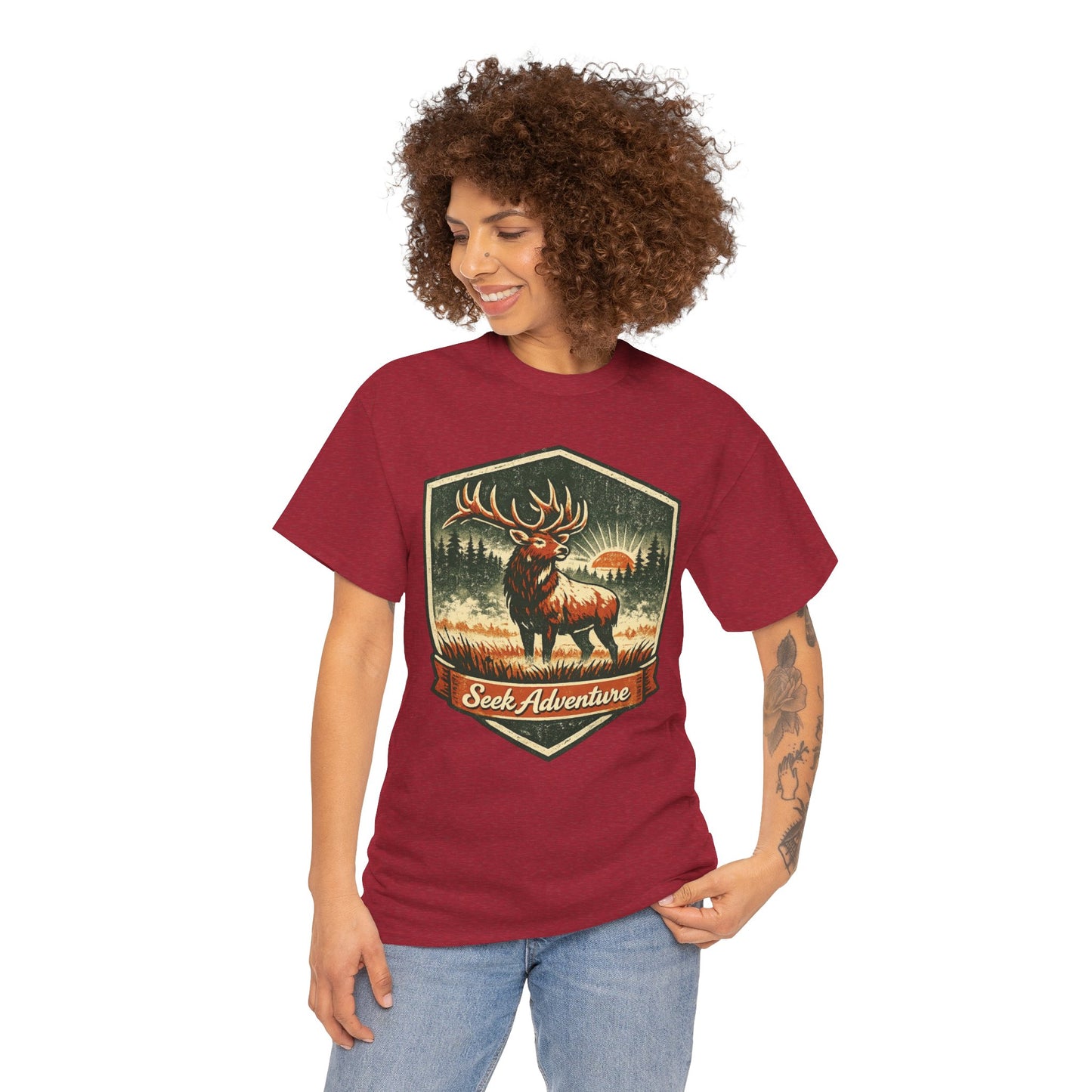 Elk At Dawn Vintage Badge Tee | Seek Adventure Graphic Shirt | Outdoor Nature Gift