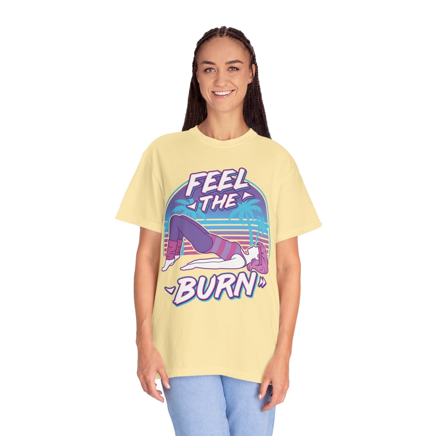 Feel the Burn Retro 80s Glute Thrust Pose Graphic Tee | Vintage Workout Shirt