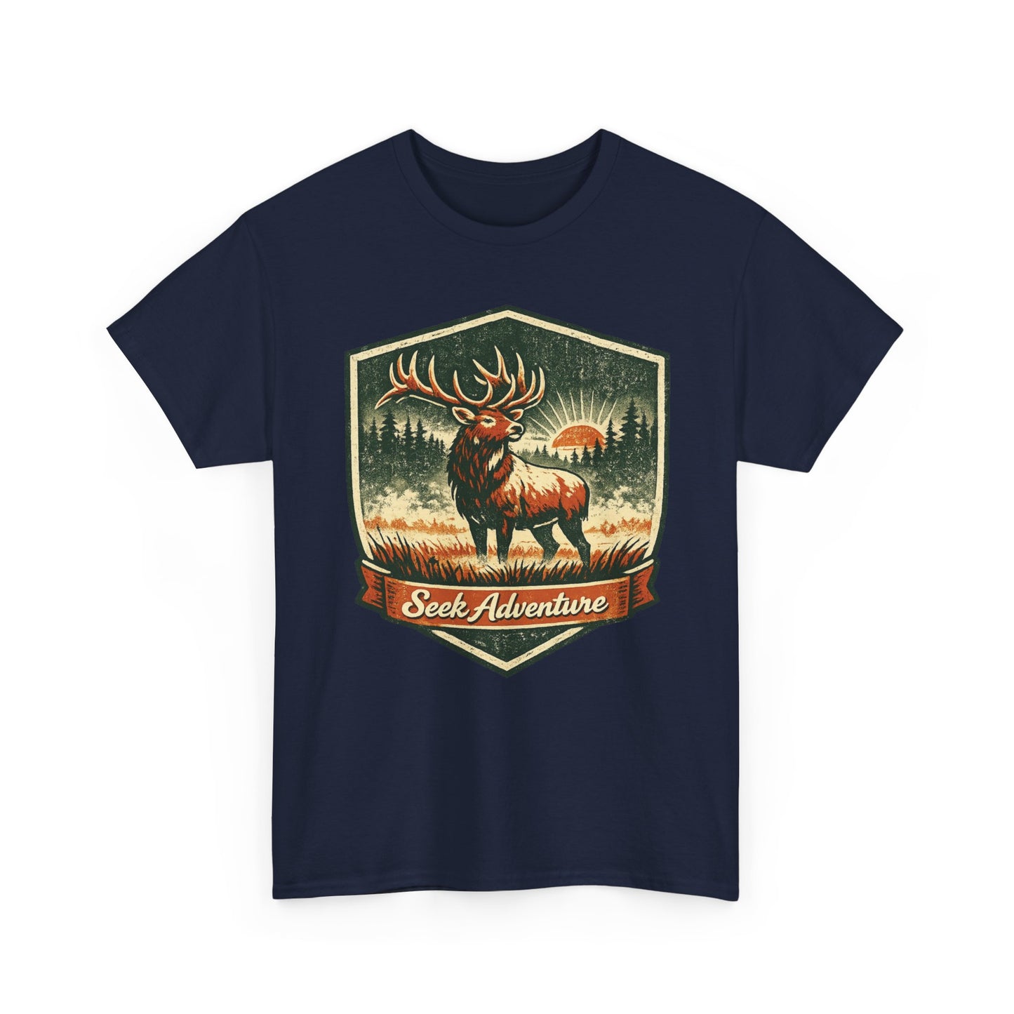 Elk At Dawn Vintage Badge Tee | Seek Adventure Graphic Shirt | Outdoor Nature Gift