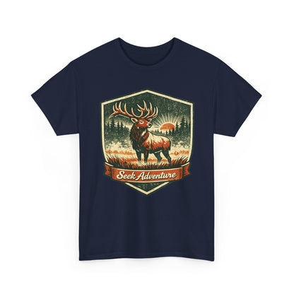 Elk At Dawn Vintage Badge Tee | Seek Adventure Graphic Shirt | Outdoor Nature Gift