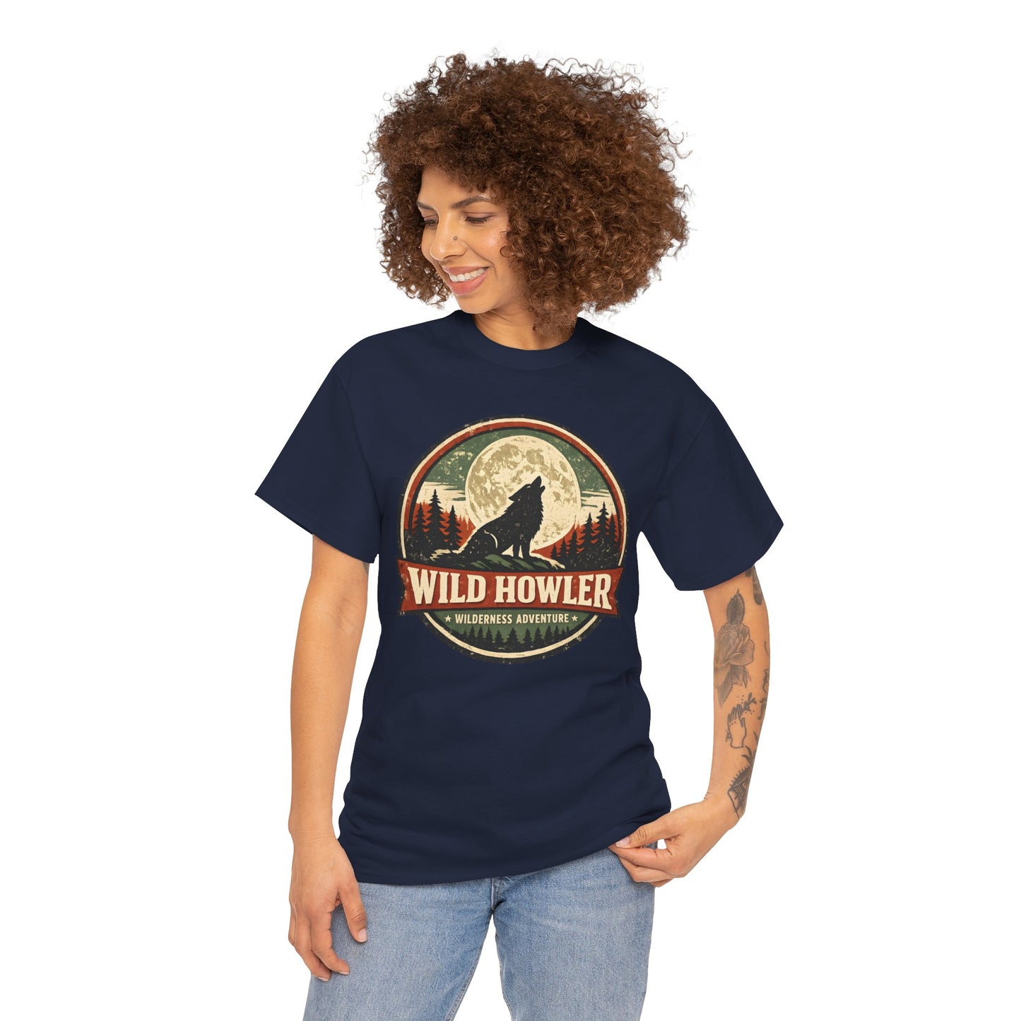 Howling Wolf Vintage Badge Tee | Full Moon Wilderness Shirt | Nature Lover Gift