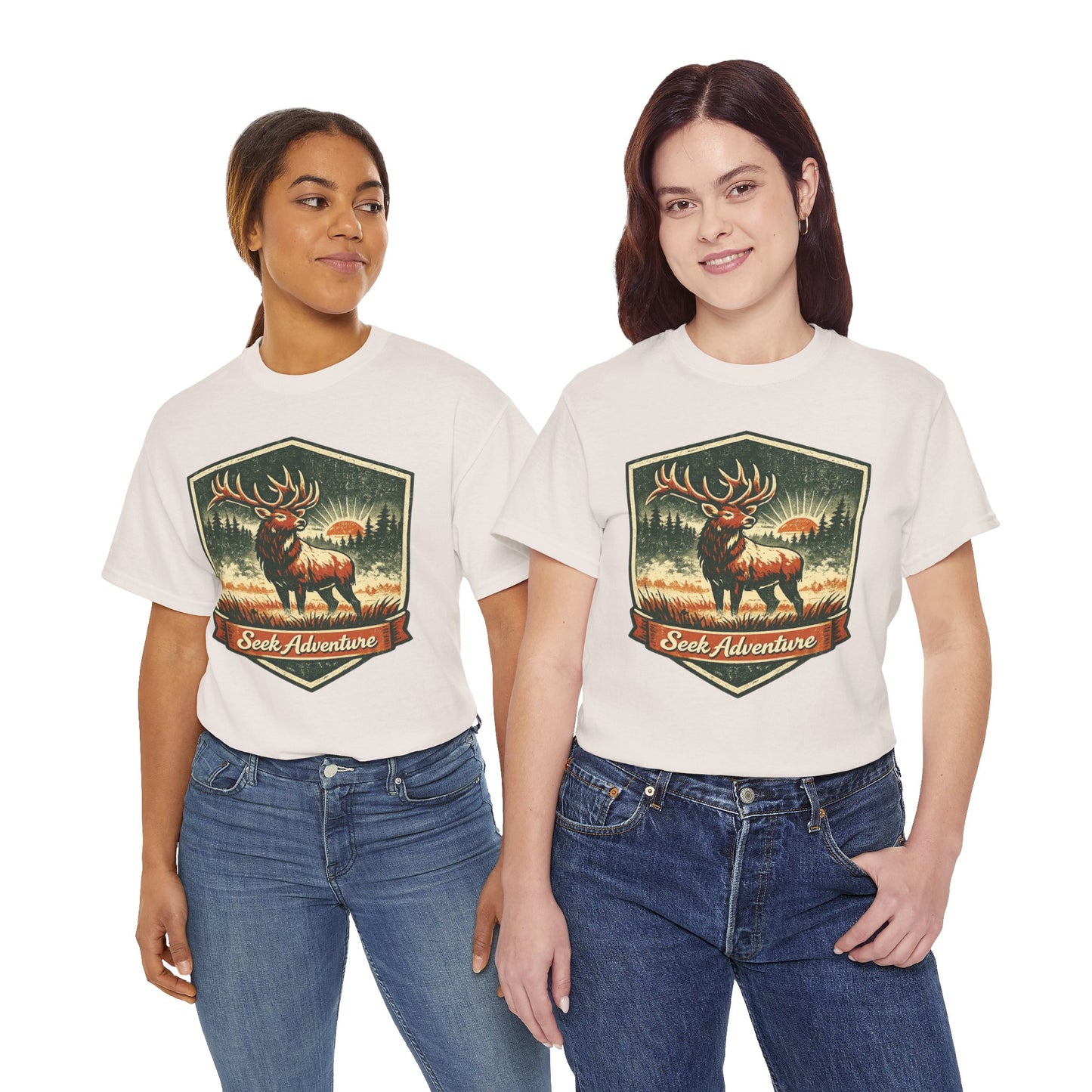 Elk At Dawn Vintage Badge Tee | Seek Adventure Graphic Shirt | Outdoor Nature Gift