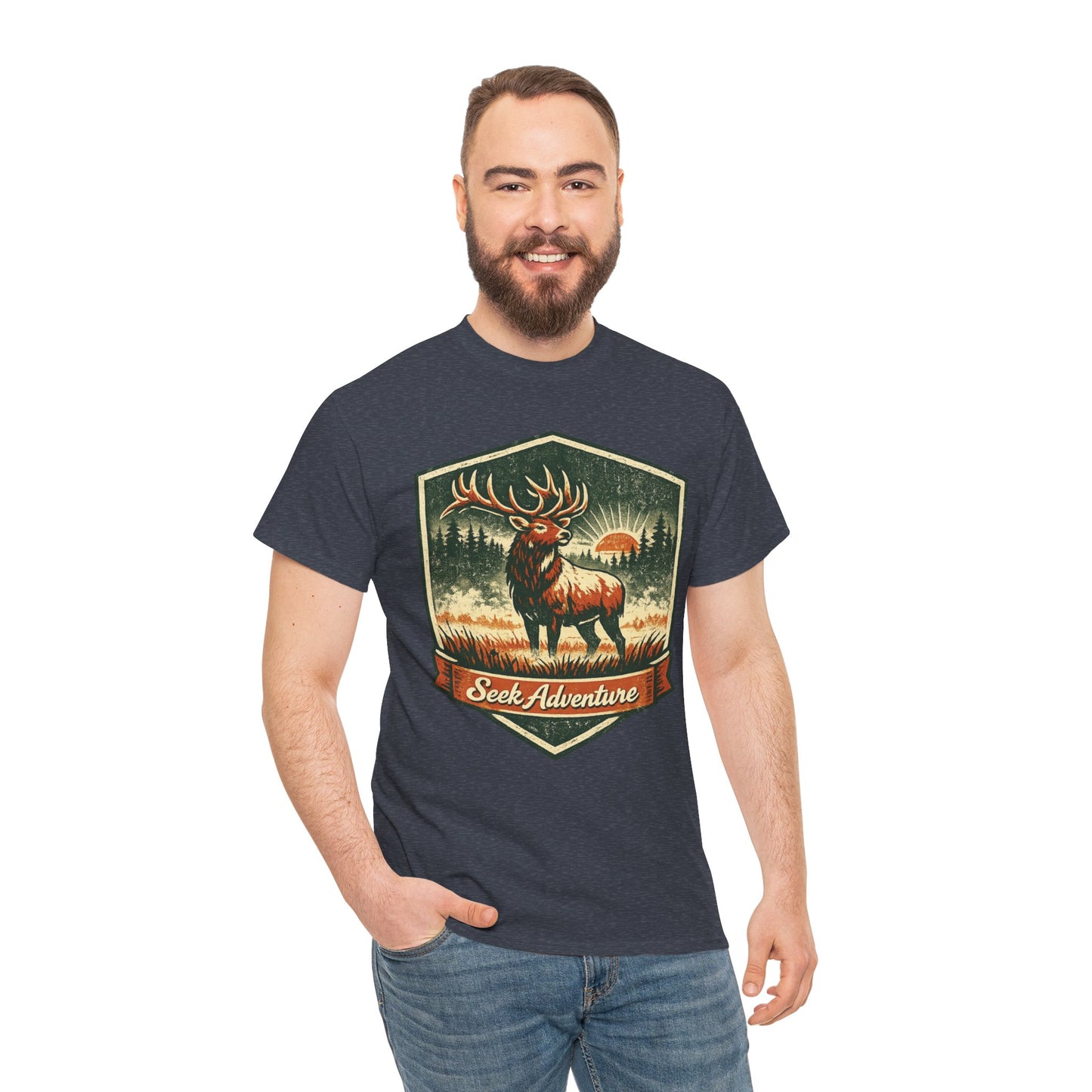 Elk At Dawn Vintage Badge Tee | Seek Adventure Graphic Shirt | Outdoor Nature Gift