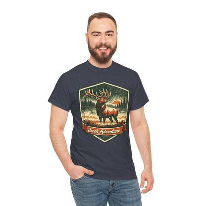 Elk At Dawn Vintage Badge Tee | Seek Adventure Graphic Shirt | Outdoor Nature Gift
