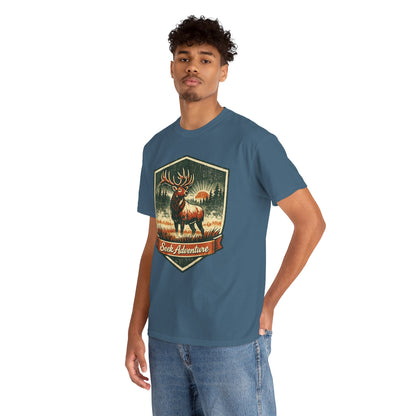 Elk At Dawn Vintage Badge Tee | Seek Adventure Graphic Shirt | Outdoor Nature Gift
