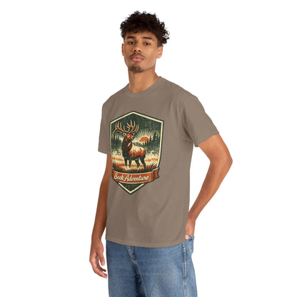 Elk At Dawn Vintage Badge Tee | Seek Adventure Graphic Shirt | Outdoor Nature Gift