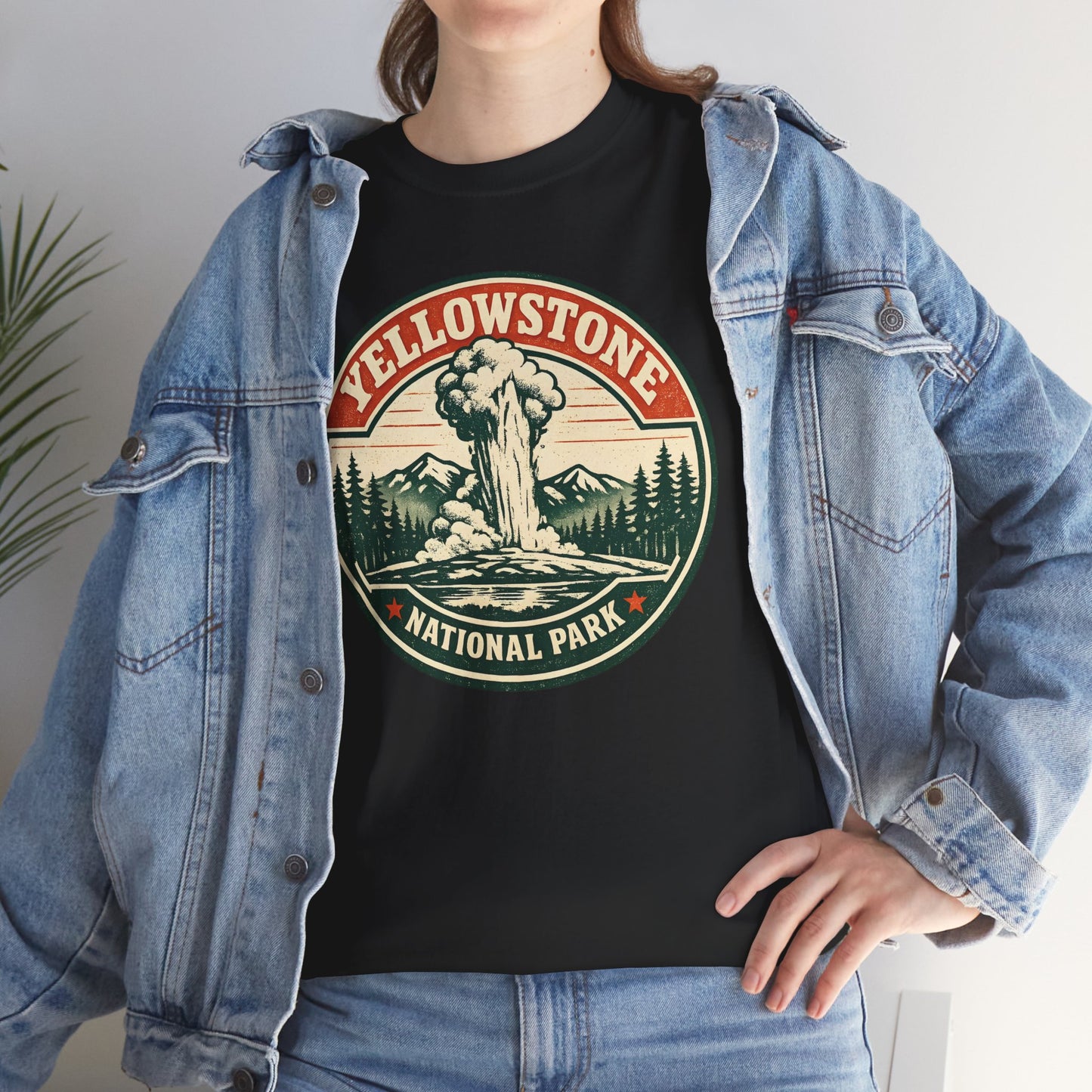 Yellowstone Park Badge Tee | Old Faithful Mountain Pine Trees Retro Circle Design