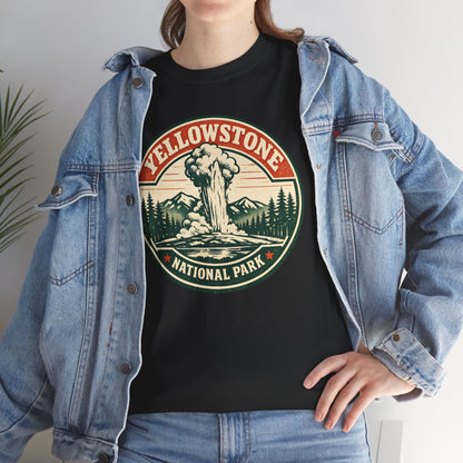 Yellowstone Park Badge Tee | Old Faithful Mountain Pine Trees Retro Circle Design