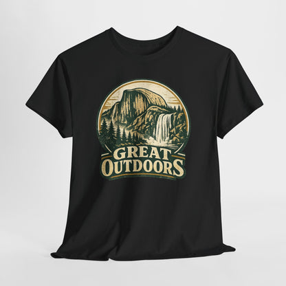 Great Outdoors Retro Badge Tee | Yosemite Half Dome Graphic Shirt | Camping Gift