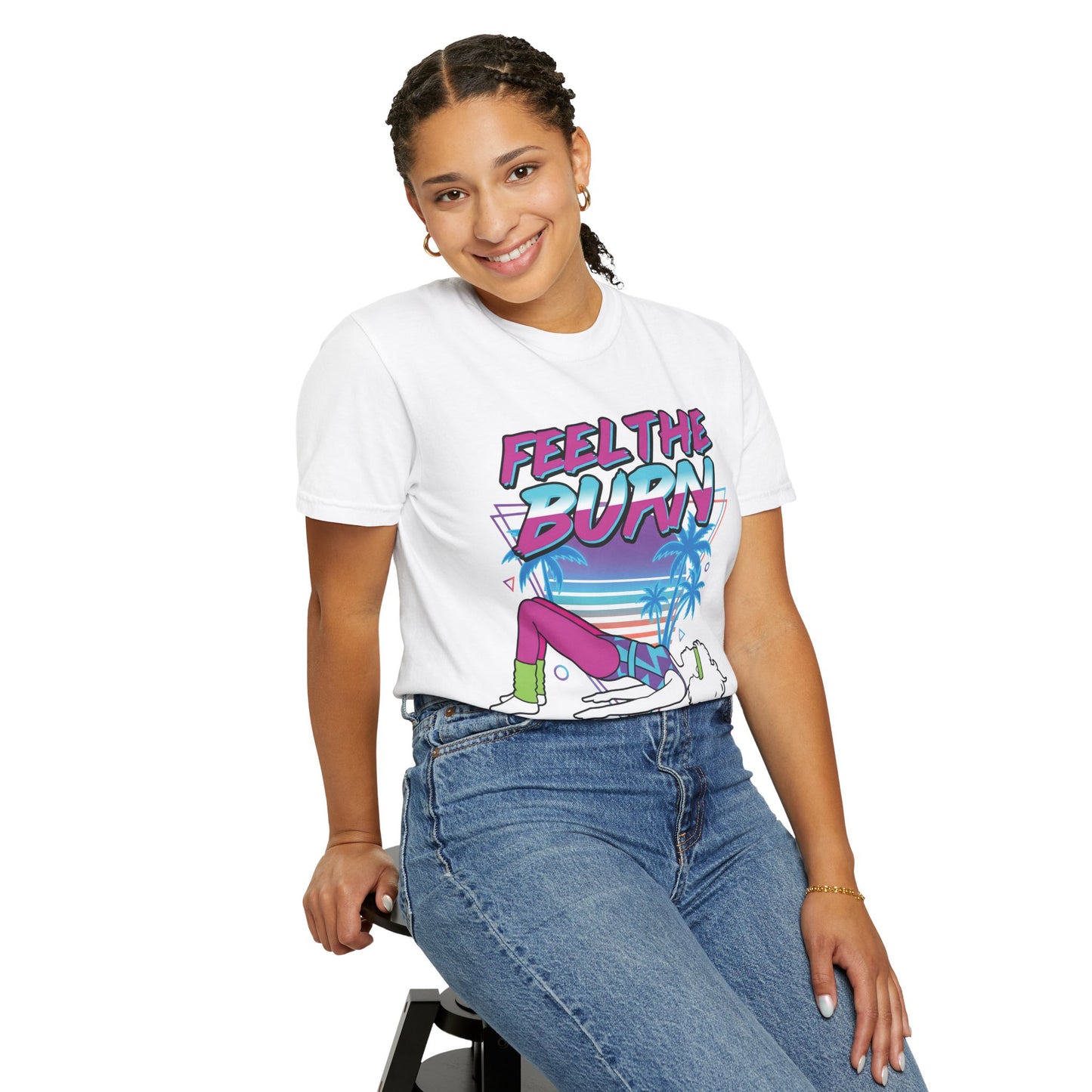 Feel the Burn Neon 80s Aerobics Graphic Tee | Retro Workout Shirt Women