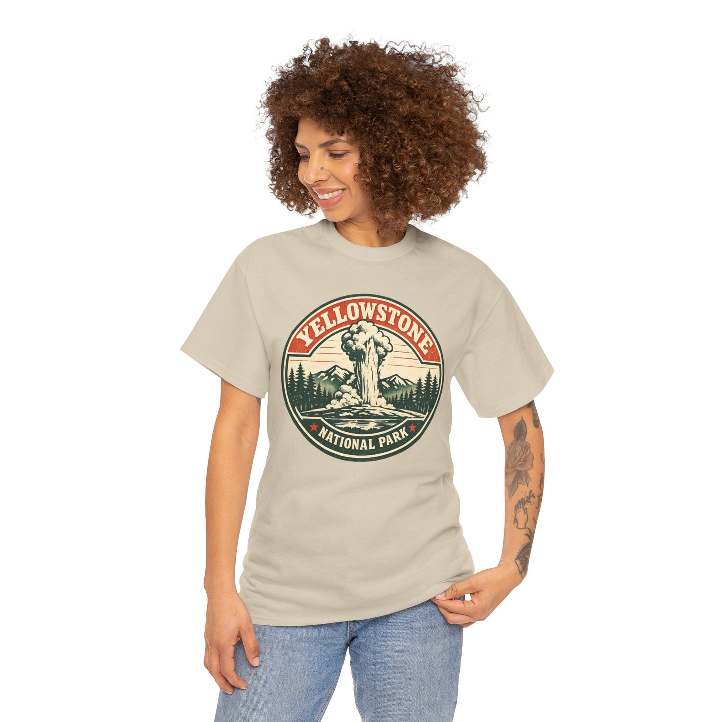 Yellowstone Park Badge Tee | Old Faithful Mountain Pine Trees Retro Circle Design