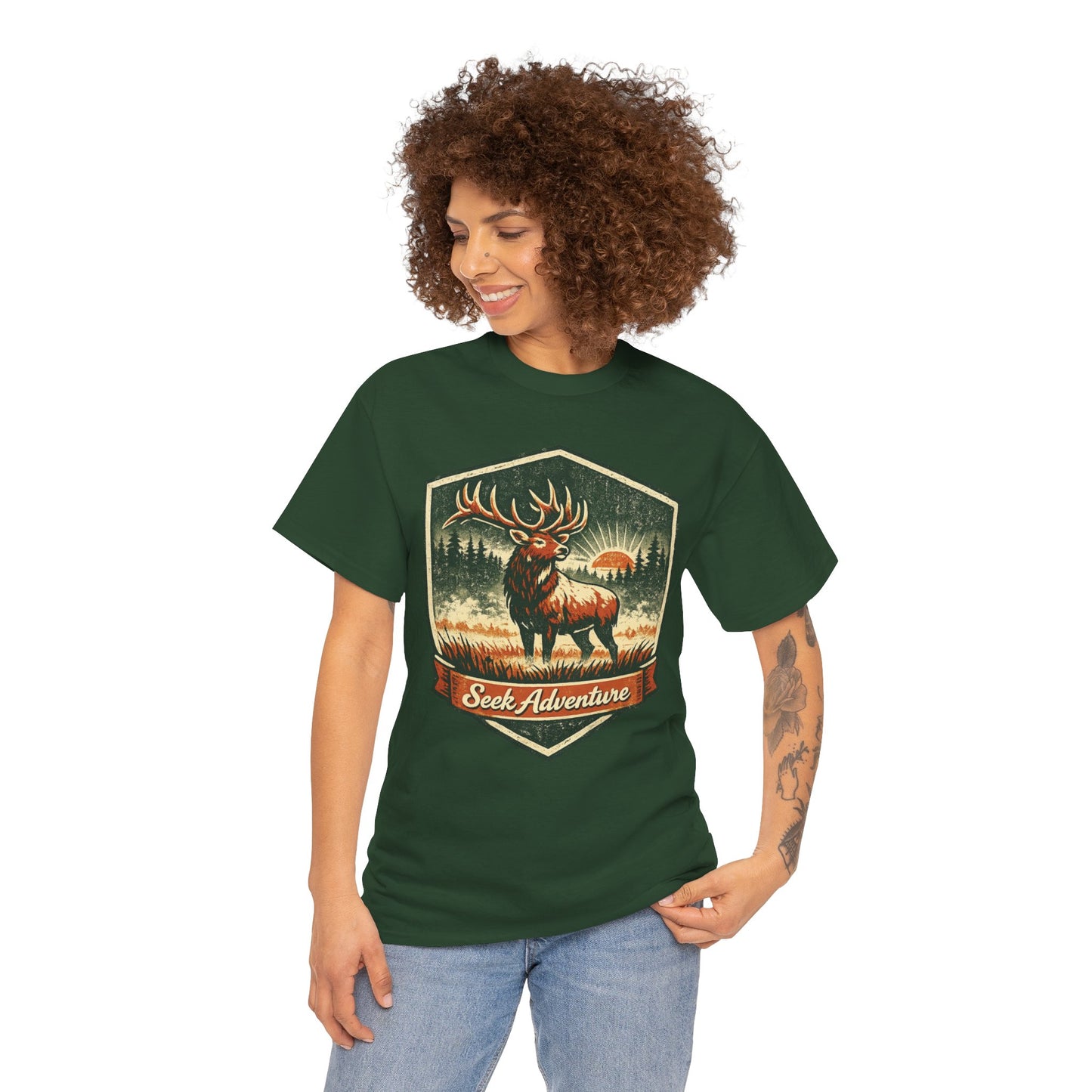 Elk At Dawn Vintage Badge Tee | Seek Adventure Graphic Shirt | Outdoor Nature Gift