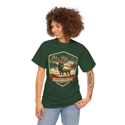 Elk At Dawn Vintage Badge Tee | Seek Adventure Graphic Shirt | Outdoor Nature Gift