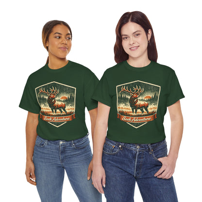 Elk At Dawn Vintage Badge Tee | Seek Adventure Graphic Shirt | Outdoor Nature Gift