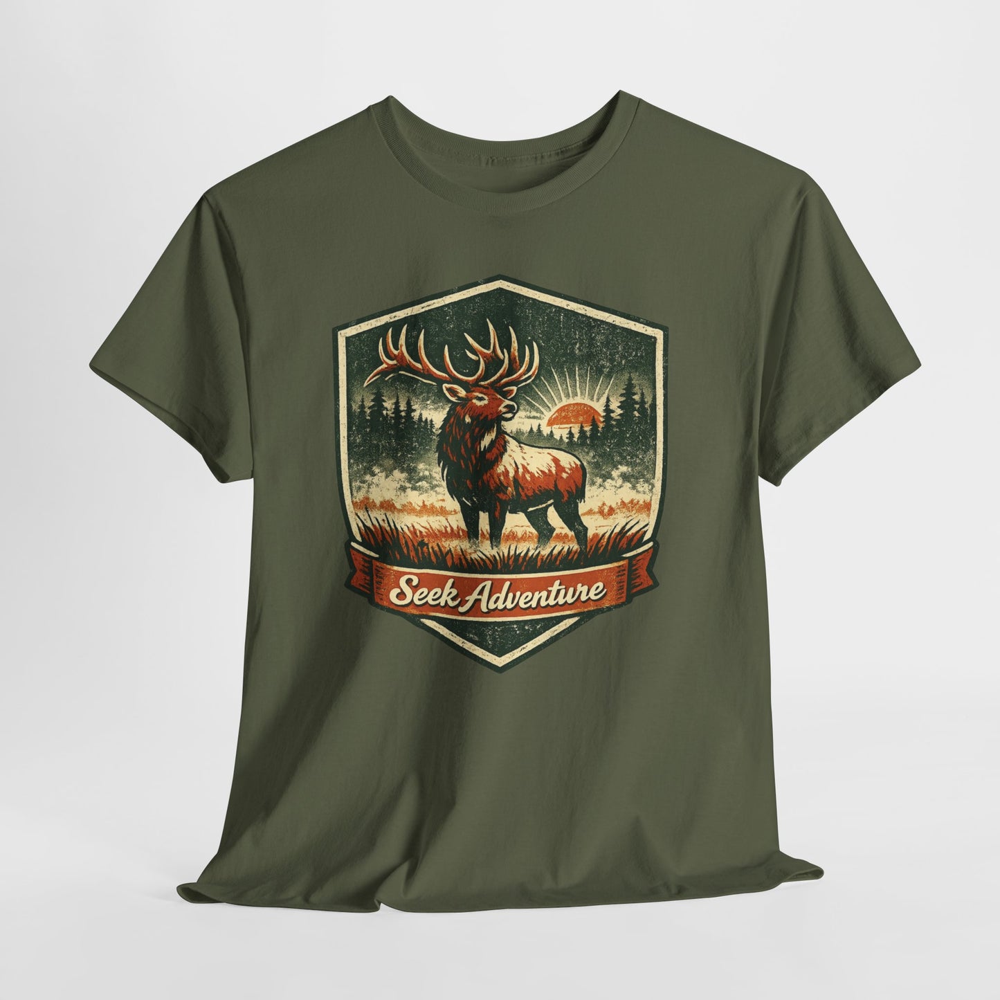 Elk At Dawn Vintage Badge Tee | Seek Adventure Graphic Shirt | Outdoor Nature Gift