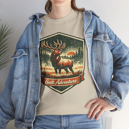 Elk At Dawn Vintage Badge Tee | Seek Adventure Graphic Shirt | Outdoor Nature Gift