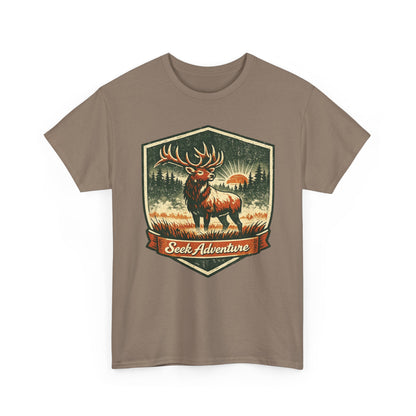 Elk At Dawn Vintage Badge Tee | Seek Adventure Graphic Shirt | Outdoor Nature Gift