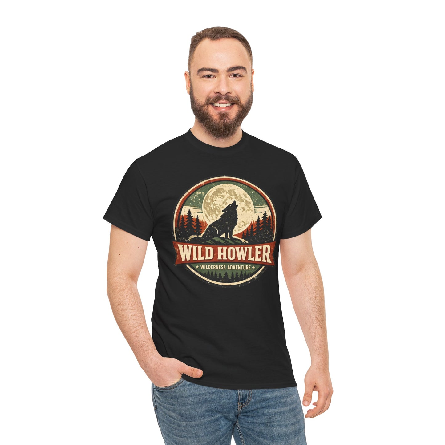Howling Wolf Vintage Badge Tee | Full Moon Wilderness Shirt | Nature Lover Gift