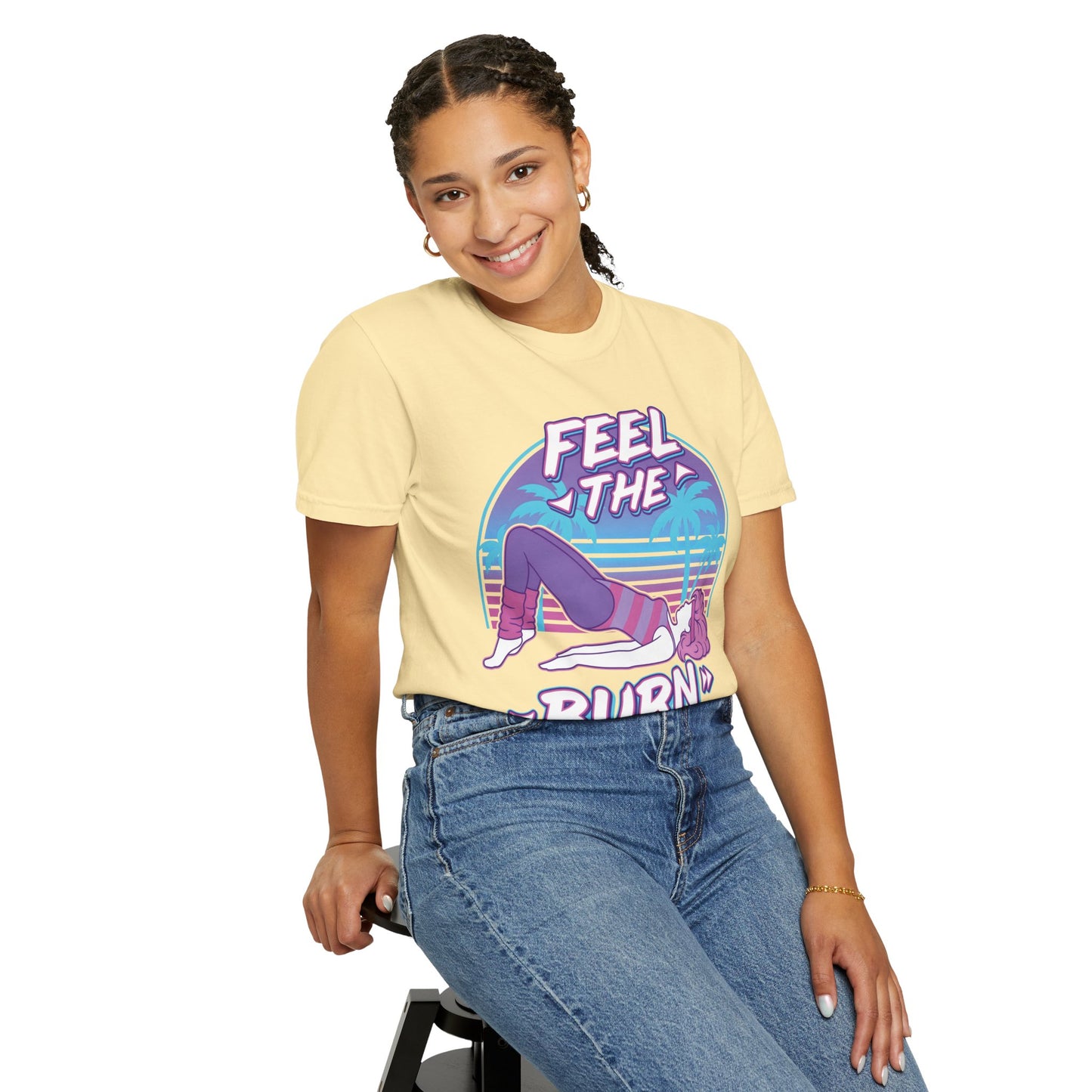 Feel the Burn Retro 80s Glute Thrust Pose Graphic Tee | Vintage Workout Shirt