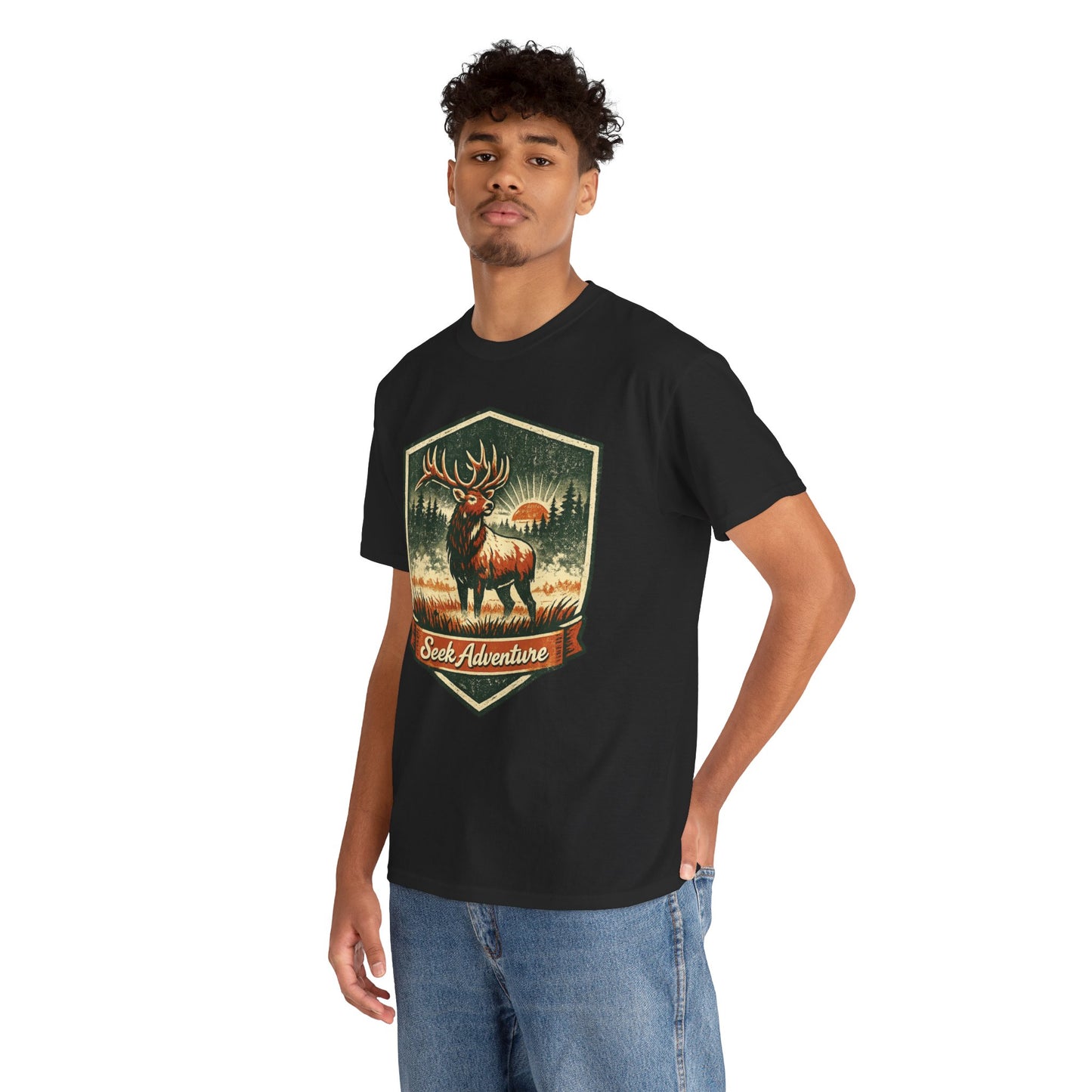 Elk At Dawn Vintage Badge Tee | Seek Adventure Graphic Shirt | Outdoor Nature Gift