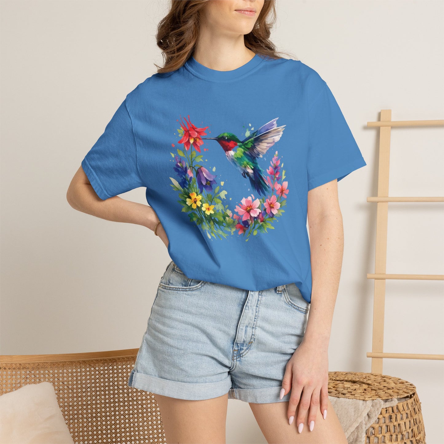 Hummingbird Wildflower Watercolor Tee | Jewel Tone Nature Shirt | Bird Watcher Gift