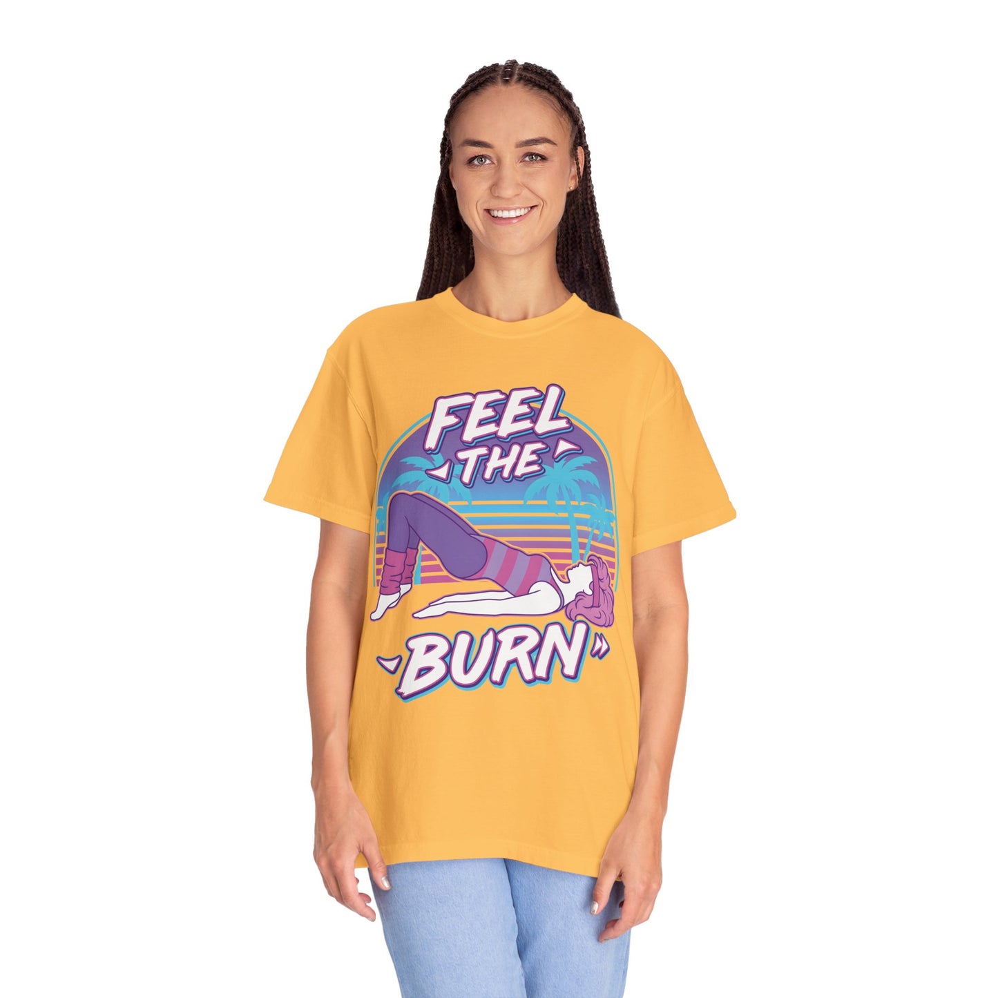 Feel the Burn Retro 80s Glute Thrust Pose Graphic Tee | Vintage Workout Shirt
