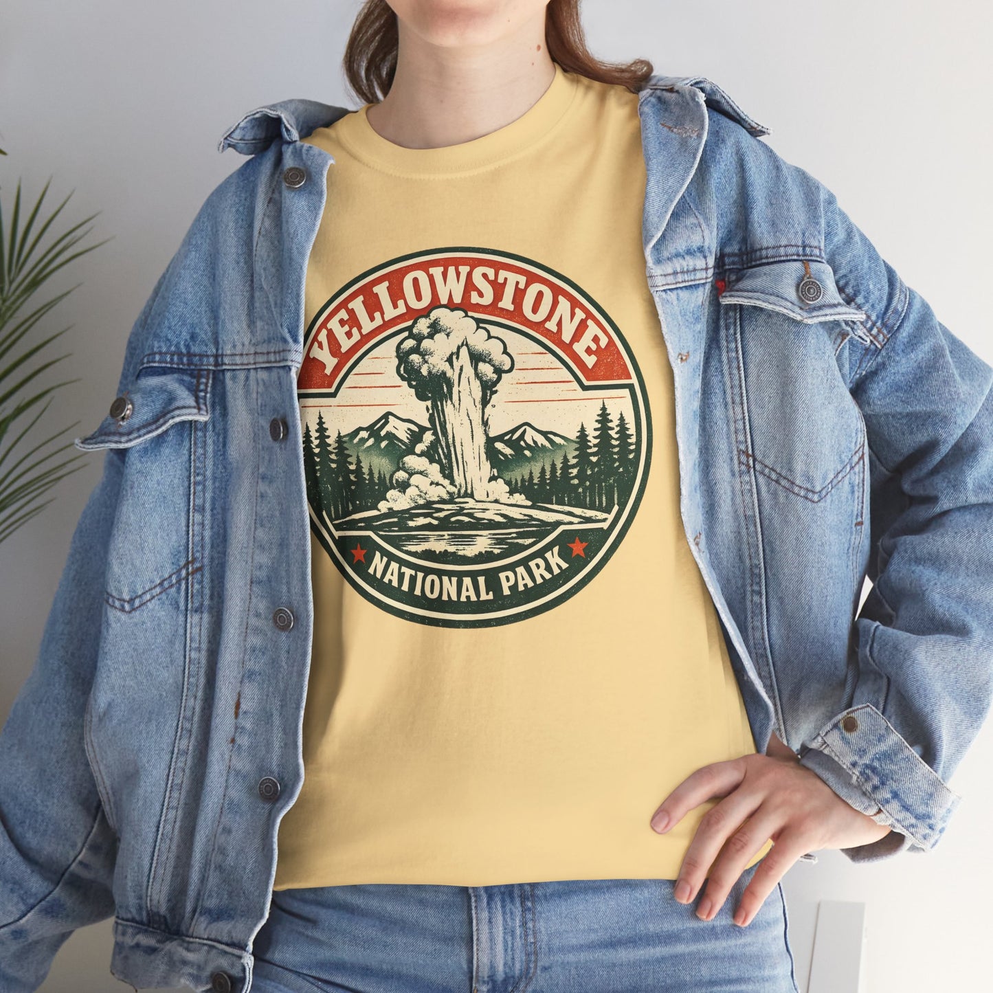 Yellowstone Park Badge Tee | Old Faithful Mountain Pine Trees Retro Circle Design